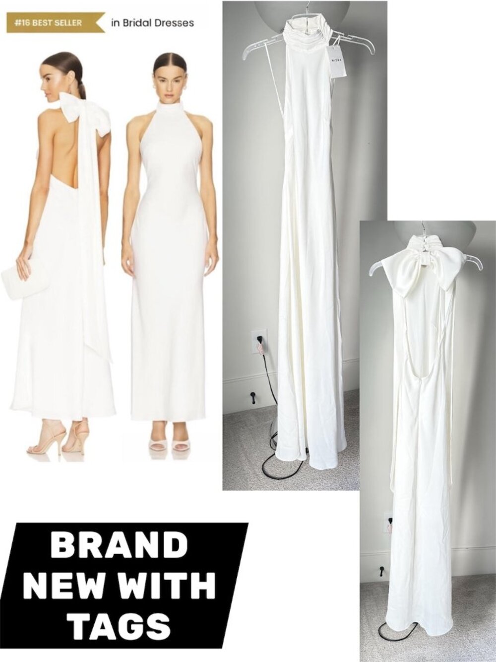 MISHA COLLECTION x Revolve White Satin Backless Bow Halter Wedding Dress Gown 0